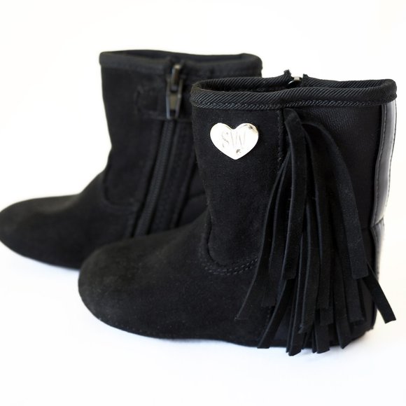 Stuart Weitzman Black Leather Fringe Baby Boots Size US3 - Picture 1 of 7